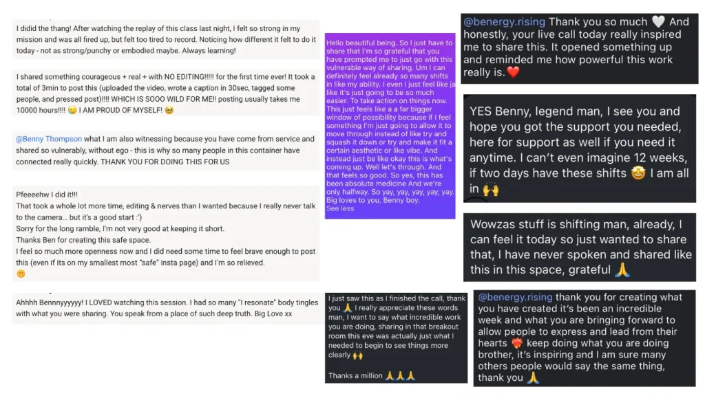 Collage of client testimonials and positive feedback from community members about their experiences.